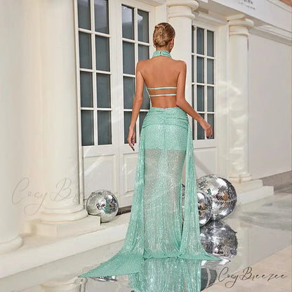 Halter Open-Back Sequin Mermaid Floor Length Prom Dress promdress-250223