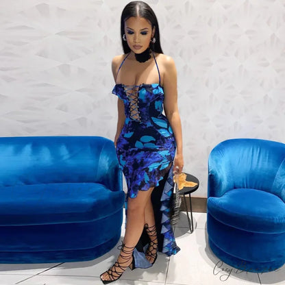 Halter Ruffled Lace-up Bandaged Printed Split Fashionable Midi Dress
