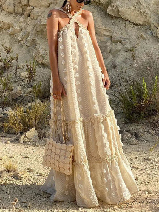 Halter Tassel Graceful Mini Dress Beige / S