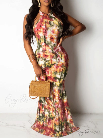 Halter Three-dimensional Graceful Floral Cake Dress Orange / S