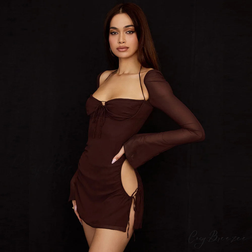 Halter Tie Strap Ruched Cut Classic Out Club Mini Dress - Black L / Chocolate