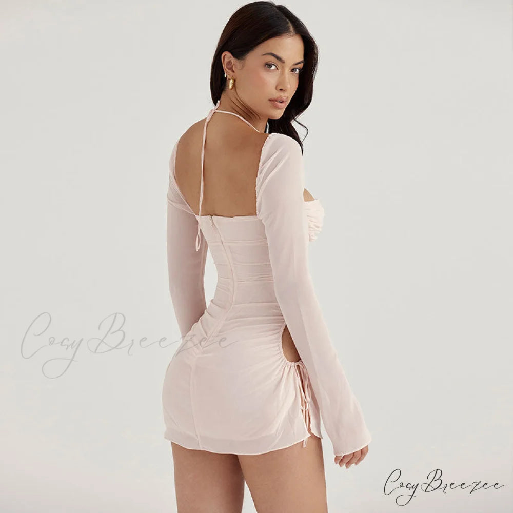Halter Tie Strap Ruched Cut Classic Out Club Mini Dress - Green L / Light Pink