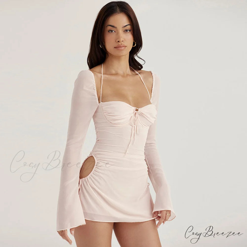 Halter Tie Strap Ruched Cut Classic Out Club Mini Dress - Green M / Light Pink