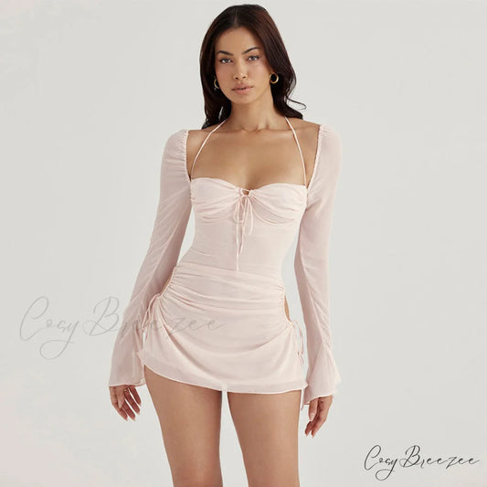 Halter Tie Strap Ruched Cut Classic Out Club Mini Dress - Green S / Light Pink