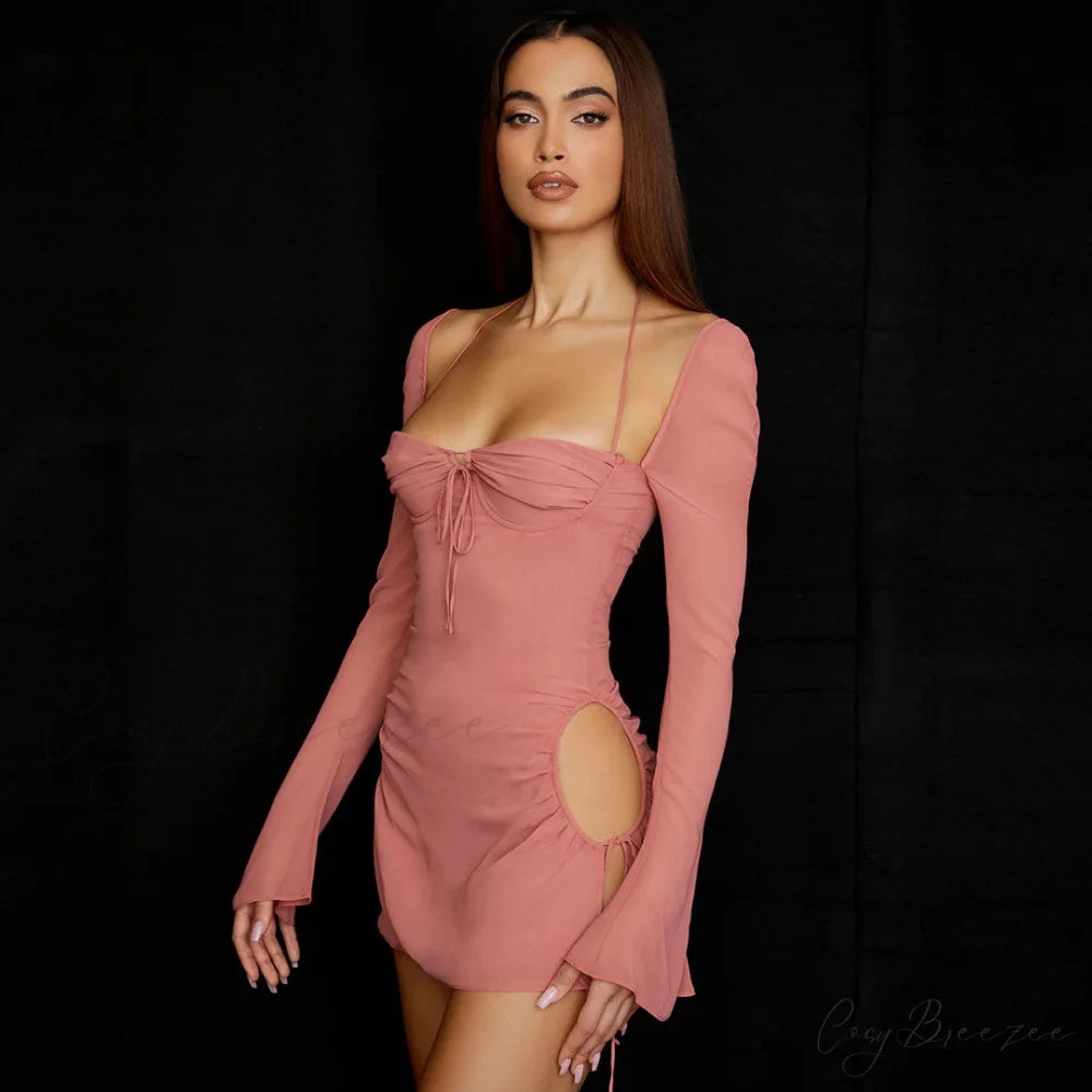 Halter Tie Strap Ruched Cut Classic Out Club Mini Dress - Orange M / Pink
