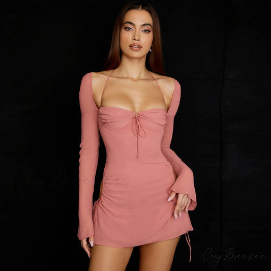 Halter Tie Strap Ruched Cut Classic Out Club Mini Dress - Orange S / Pink