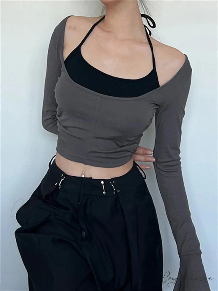 Halter Tie-upOff Shoulder Patchwork Long Sleeve Slim Fit T-shirts
