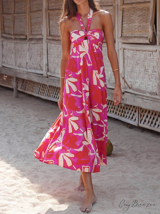 Halterneck Print Berry Charming Lotus Midi dress Red / S