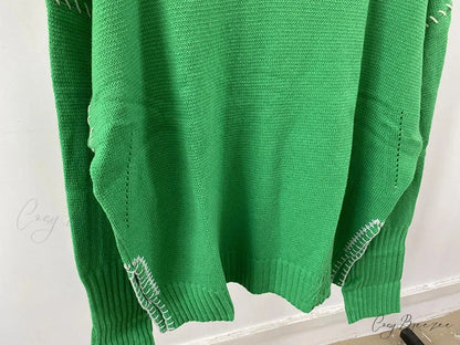 Hand-Woven Loose O-Neck Slit Hem Green Autumn Winter Christmas Sweater