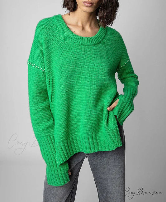 Hand-Woven Loose O-Neck Slit Hem Green Autumn Winter Christmas Sweater Green / S
