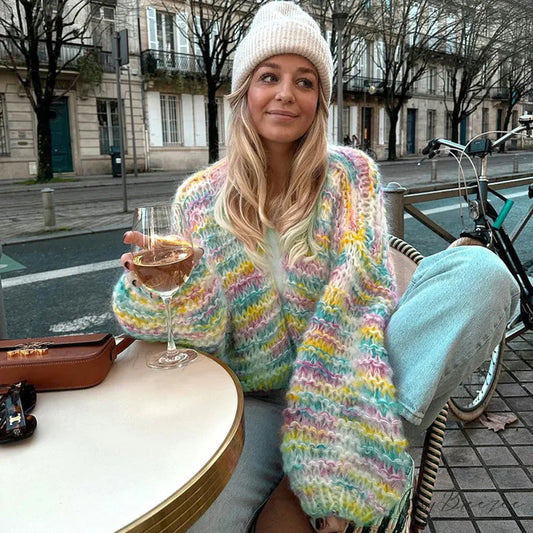 Handmade 3D Flower Crochet Cardigan Rainbow / S cardigans-241228