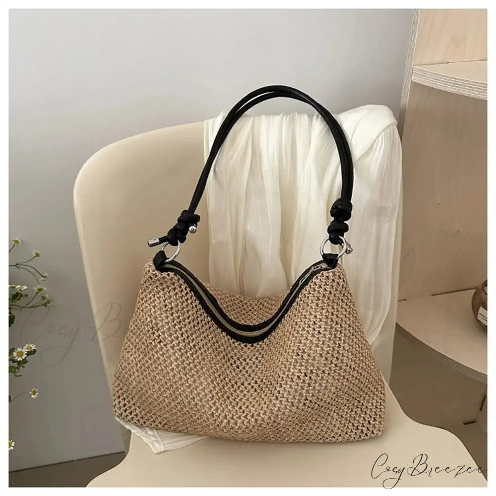 Handmade Braid Straw Beach Shoulder Bag Black shoulder-250126