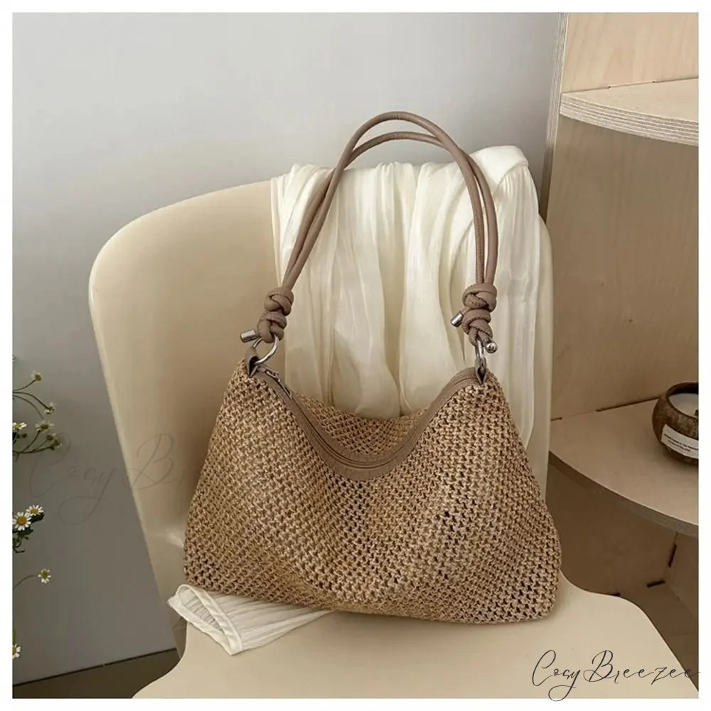 Handmade Braid Straw Beach Shoulder Bag khaki shoulder-250126