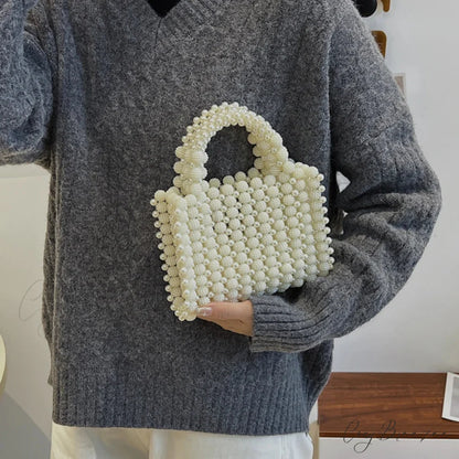 Handmade Pearl Beaded Evening Totes Wristlet Beige wristlet-250126