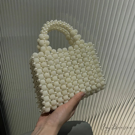 Handmade Pearl Beaded Evening Totes Wristlet Beige wristlet-250126