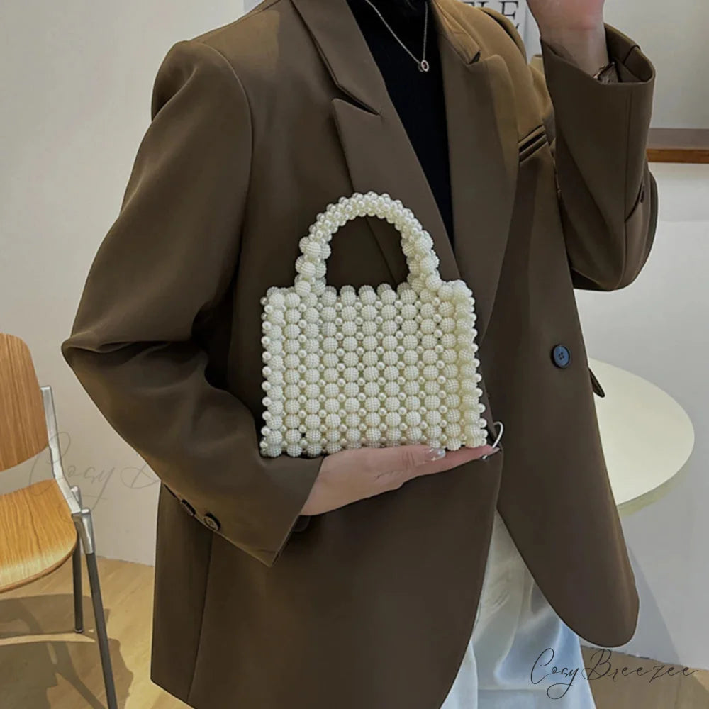 Handmade Pearl Beaded Evening Totes Wristlet Beige wristlet-250126