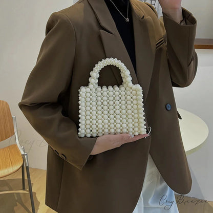 Handmade Pearl Beaded Evening Totes Wristlet Beige wristlet-250126