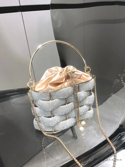 Handmade Rhinestone Crystal Clutch Bucket Bag Silver clutchbag-250126