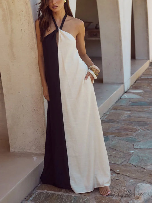 Hanging Neck Bold Contrast Color Trendy Halter Pocketed A-Line Maxi Dress Black / S