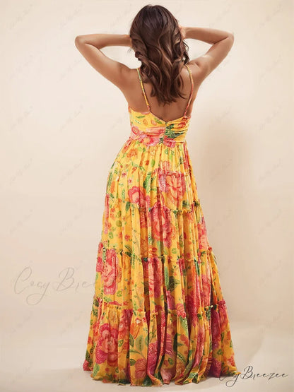 Hanging Neck Printed Floral Graceful Design Backless Straight Maxi Dress