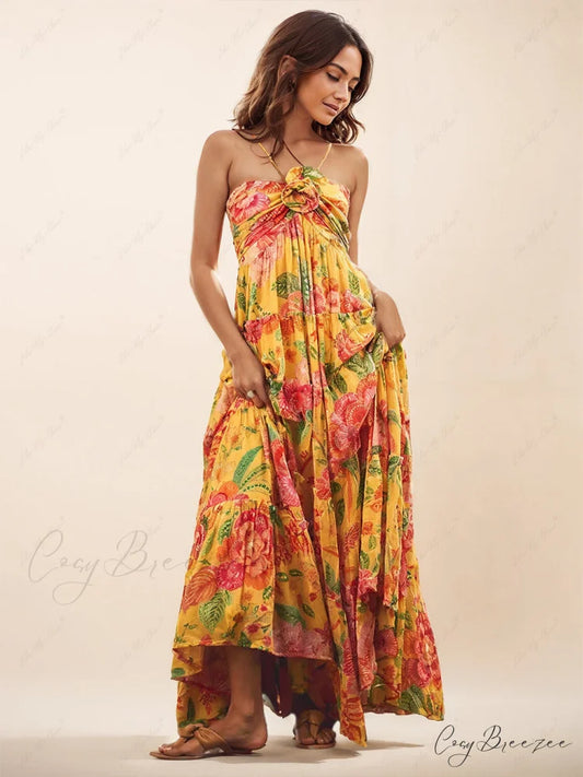Hanging Neck Printed Floral Graceful Design Backless Straight Maxi Dress Yellow / S