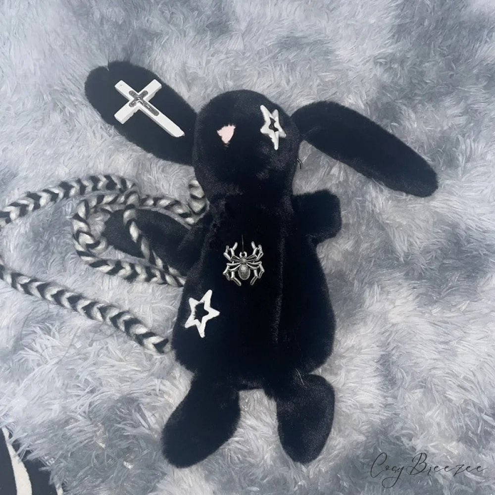 Harajuku Gothic Chain Soft Plush Y2K Punk Bunny Backpack Crossbody Shoulder Bag Black