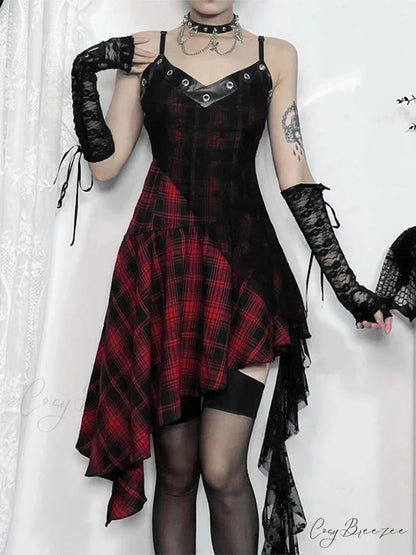 Harajuku Gothic Plaid Y2K 2000s Lace Patchwork Spaghetti Strap Streetwear V-Neck Gothic Dress