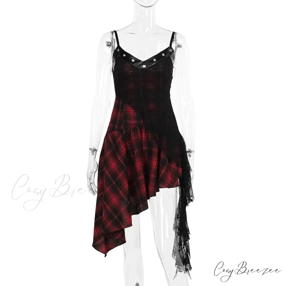 Harajuku Gothic Plaid Y2K 2000s Lace Patchwork Spaghetti Strap Streetwear V-Neck Gothic Dress Red / M