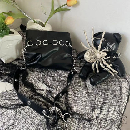 Harajuku Leather Punk Y2K Spider Bone Little Bear Pin Gothic Lolita Crossbody Bag Black / one size