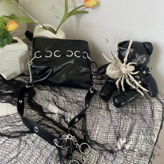 Harajuku Leather Punk Y2K Spider Bone Little Bear Pin Gothic Lolita Crossbody Bag Black / one size
