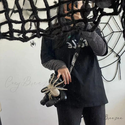 Harajuku Leather Punk Y2K Spider Bone Little Bear Pin Gothic Lolita Crossbody Bag Black / one size