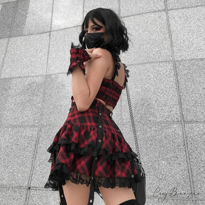 Harajuku Plaid Gothic Girl High Waist Plaided Lolita Mini Sets Japanese Fashion Streetwear Skirt