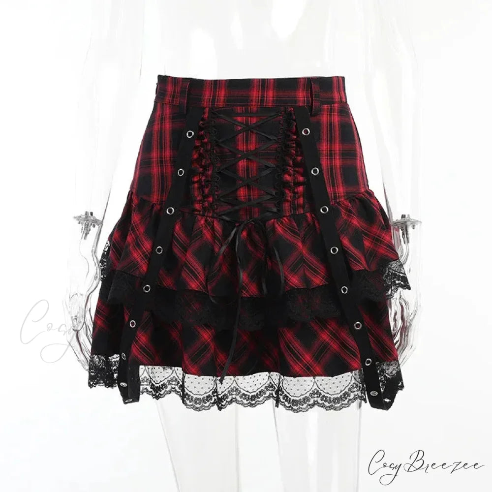 Harajuku Plaid Gothic Girl High Waist Plaided Lolita Mini Sets Japanese Fashion Streetwear Skirt RED / S