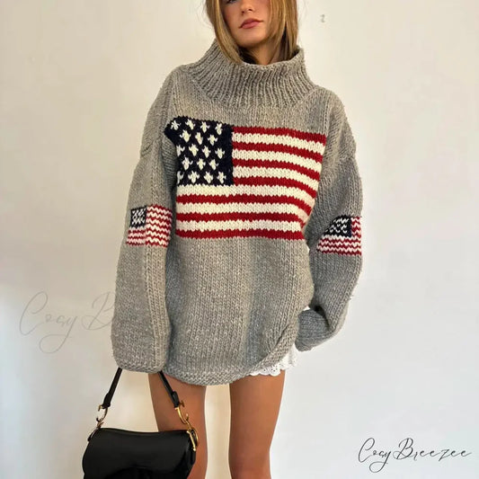 Harajuku Retro US Flag High Neck Sweater GRAY / M swraters-241228
