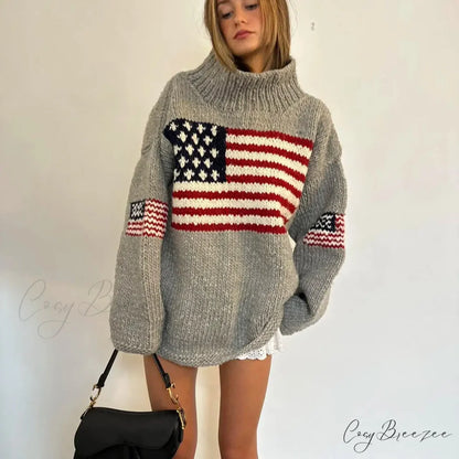 Harajuku Retro US Flag High Neck Sweater swraters-241228