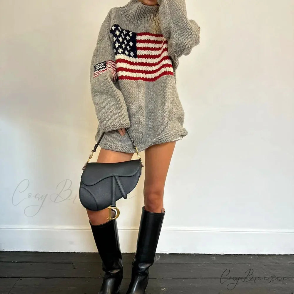 Harajuku Retro US Flag High Neck Sweater swraters-241228