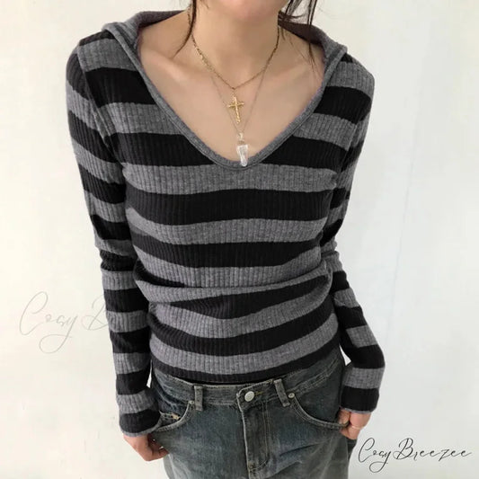 Harajuku Stripe Hooded Slim Contrast Color Long Sleeve Knit Top GRAY / S knittop-250126