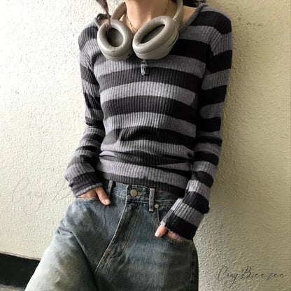 Harajuku Stripe Hooded Slim Contrast Color Long Sleeve Knit Top knittop-250126