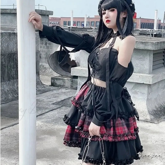 Harajuku Two-dimensional Dark Petticoat Cosplay Red Plaid Stitching High Waist A-line Spice Girl Rock Skirt RED / One