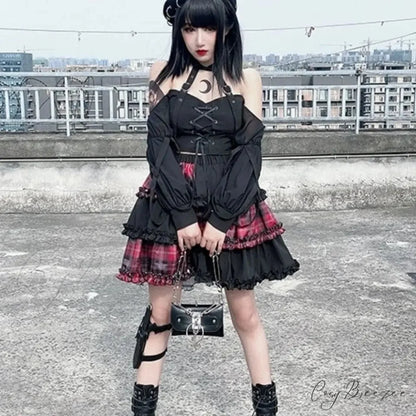 Harajuku Two-dimensional Dark Petticoat Cosplay Red Plaid Stitching High Waist A-line Spice Girl Rock Skirt RED / One