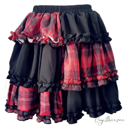Harajuku Two-dimensional Dark Petticoat Cosplay Red Plaid Stitching High Waist A-line Spice Girl Rock Skirt RED / One
