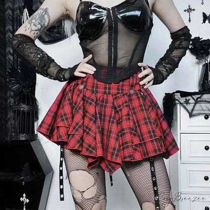 Harajuku Y2k Goth Plaid Women Streetwear Cyber High Waist Eyelet Ribbon Red Emo Alt Grunge Skirt Beige / S
