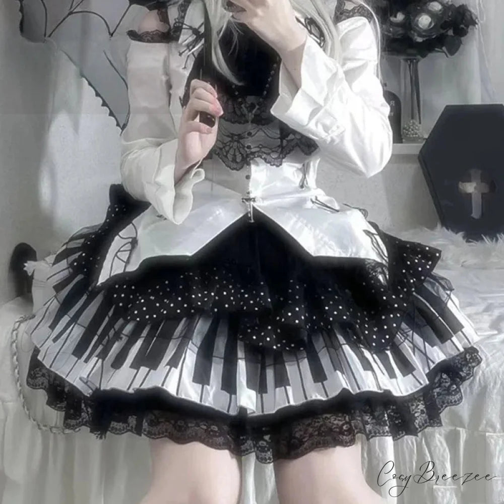 Harajuku Y2k Piano Key Wave Dot Lace Japanese Gothic Lolita Kawaii Cake Fairy Grunge Y2k Skirt waist 60-80cm
