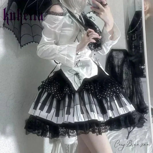 Harajuku Y2k Piano Key Wave Dot Lace Japanese Gothic Lolita Kawaii Cake Fairy Grunge Y2k Skirt waist 60-80cm