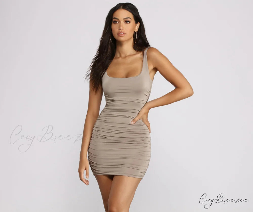 Hard To Forget Charming Ruched Mini Dress TAUPE / XS
