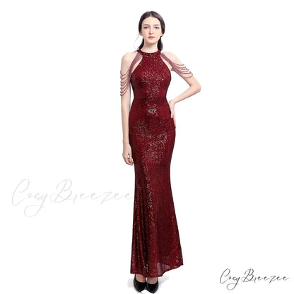 Harper formal Stylish sequin halterneck dress BURGUNDY / XS