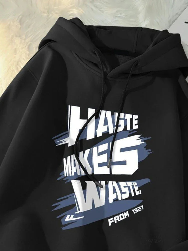 Haste Makes Waste Letter Hoodie Black / M(40-50KG) hoodies-241228