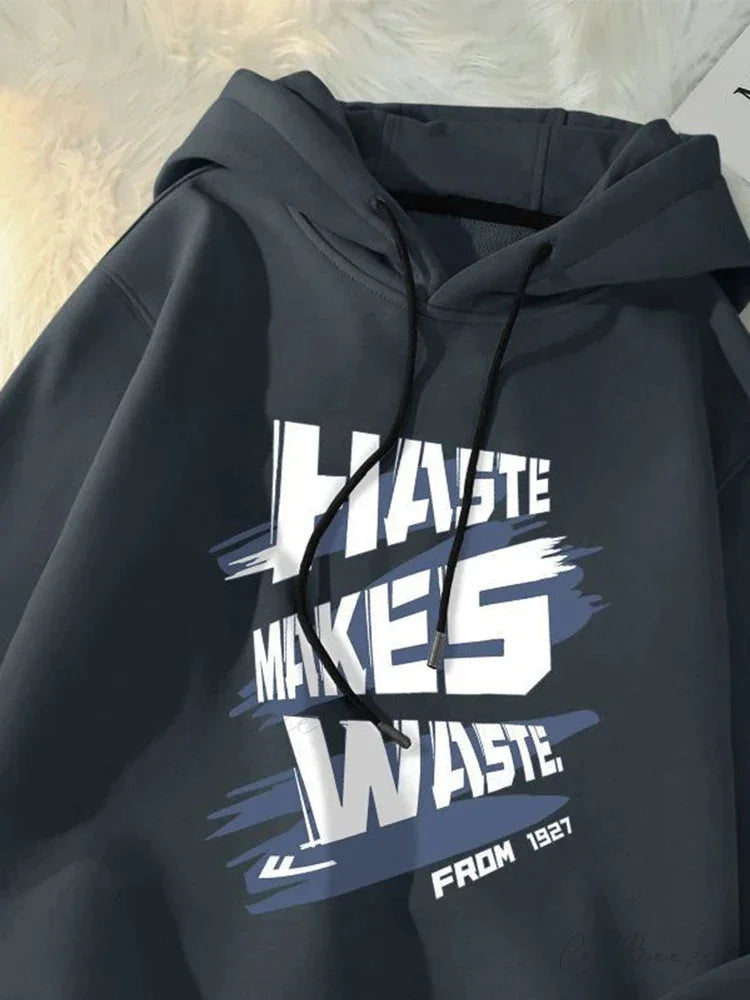 Haste Makes Waste Letter Hoodie Dark Grey / M(40-50KG) hoodies-241228