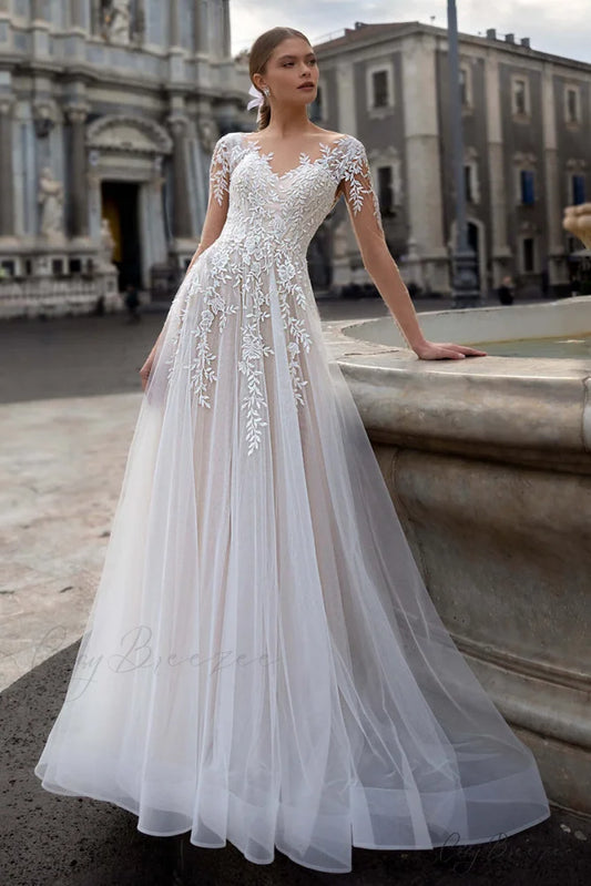 Hearst Lace Applique Trendy A-Line Tulle Wedding Dress Ivory / 2