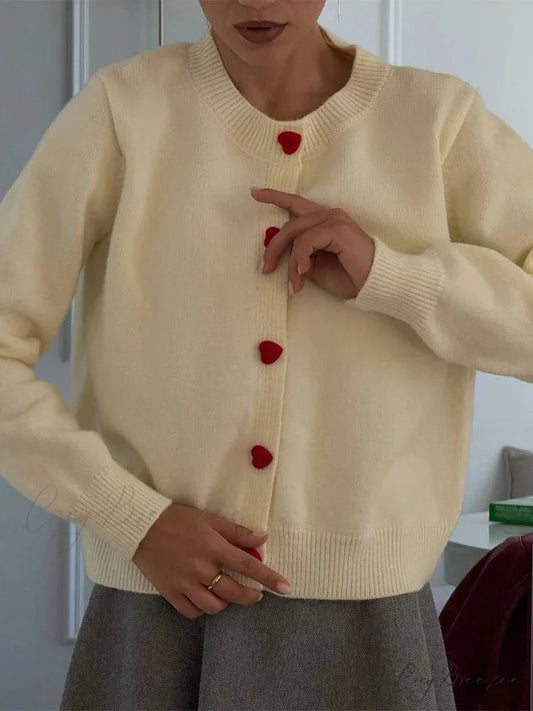 Heart Button Loose Knit Cardigan Beige / One Size cardigans-241228